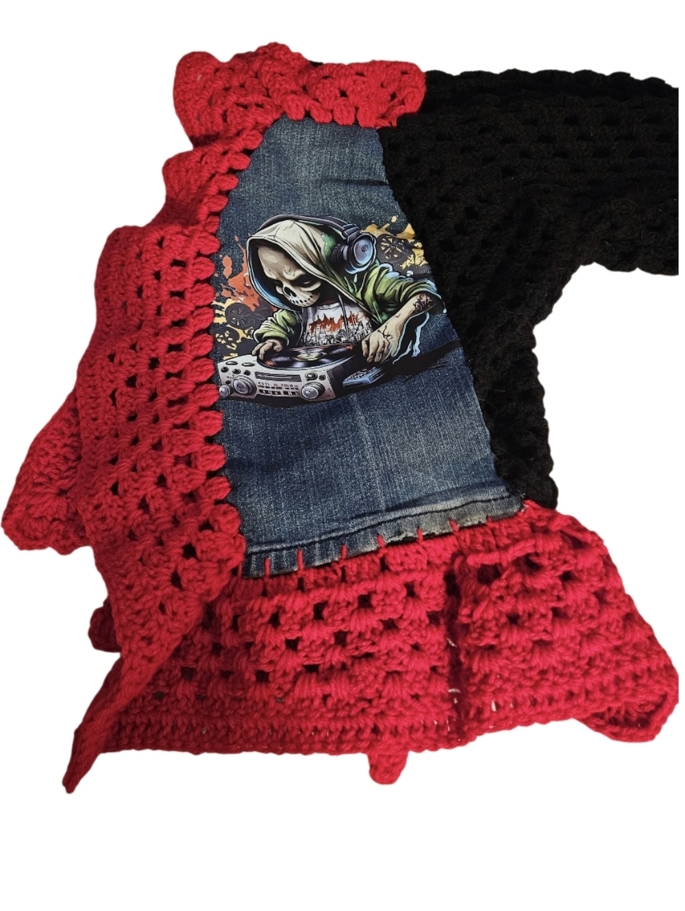 Women Granny Square Punk Cardigan Skull DJ Upcycled Denim Crochet Jacket Boho - Picture 4 of 16